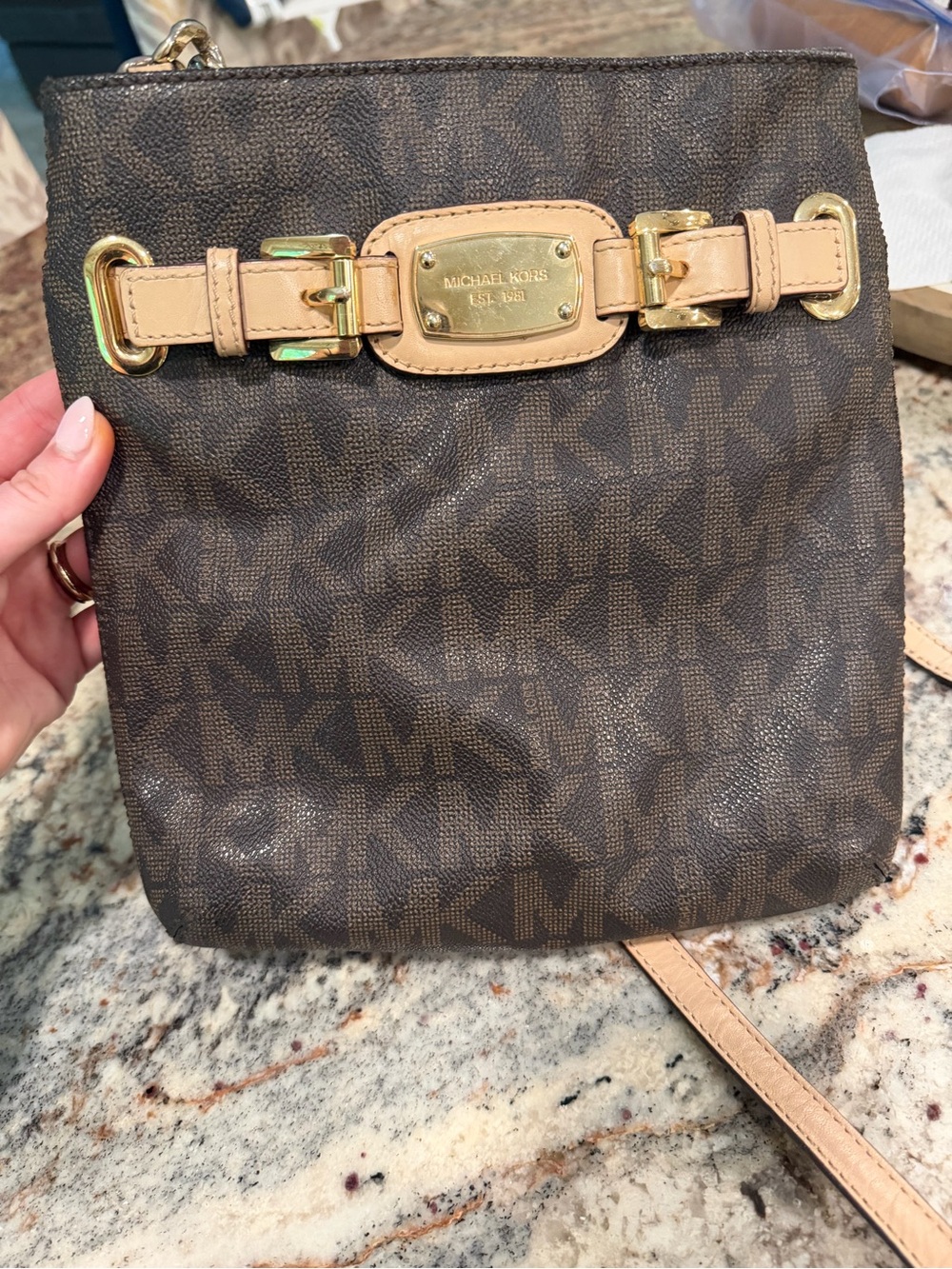 Michael Kors Brown Signature MK Crossbody with Tan Trim